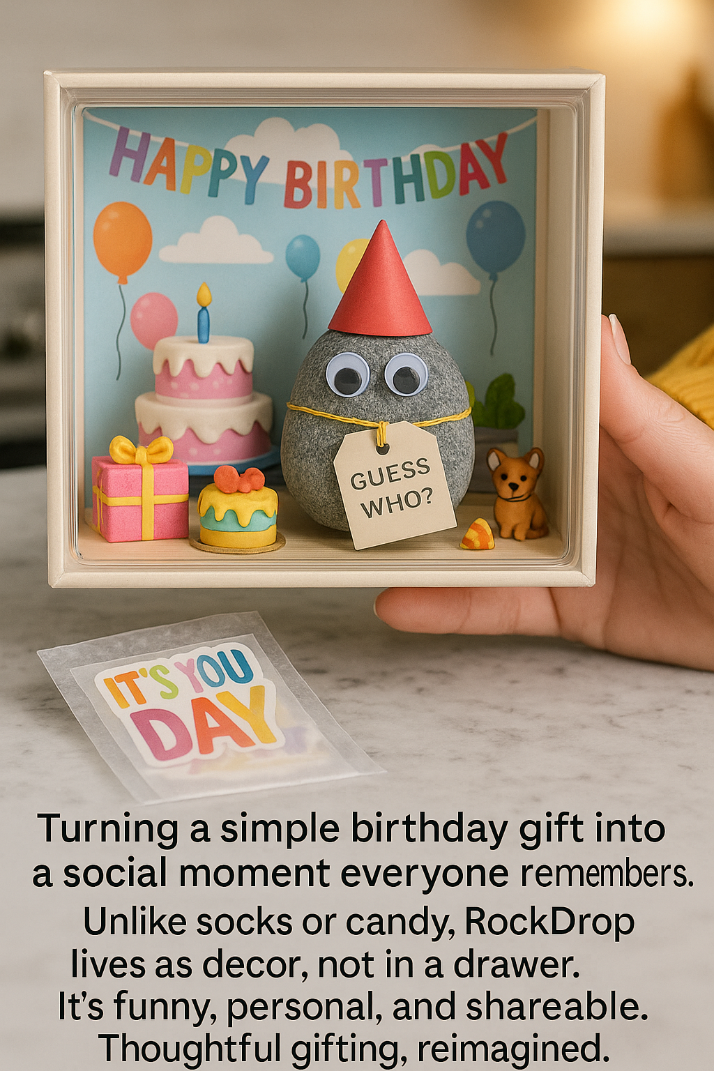 RockDrop Spark — tiny early-birthday mystery gift she builds and instantly posts; DIY diorama with rock, embellishments, and card that triggers viral comments asking ‘who sent this?’ Perfect under-$30 social-sharing birthday experience.