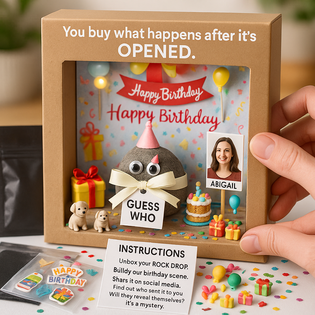 RockDrop Reveal — the viral birthday experience where she opens, builds, posts, and sparks a feed explosion. A mystery gift kit with DIY diorama, props, and the moment of reveal you control. Designed to trigger the ‘who sent this?’ loop and make you unforgettable.
